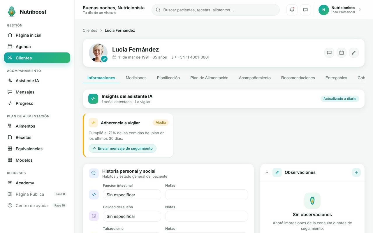 Ficha de paciente en Nutriboost